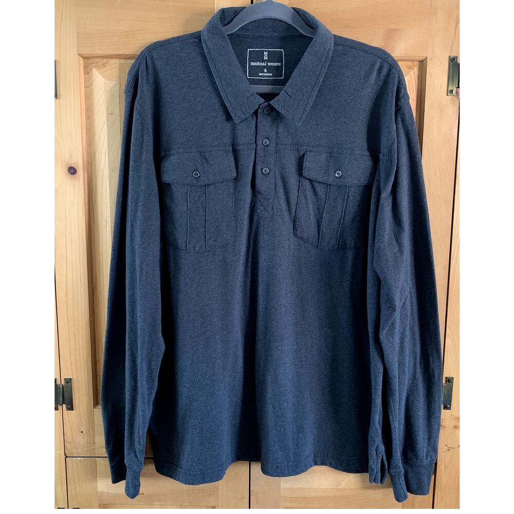 Men's Long Sleeve Shirt 1/4 Button Dark Gray Polo Soft Brushed Cotton Blend  XL